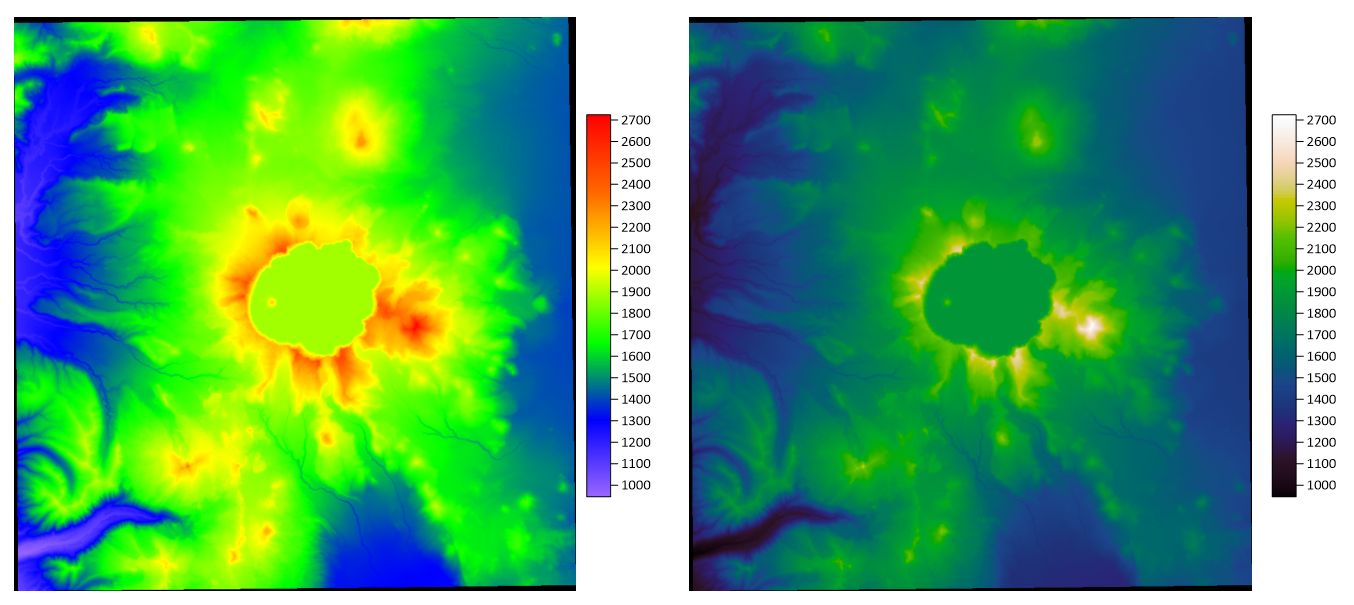 Crater Lake_Low-High Perceptual Accuracy Crater Lake map illustrating how color mapping impacts data interpretation