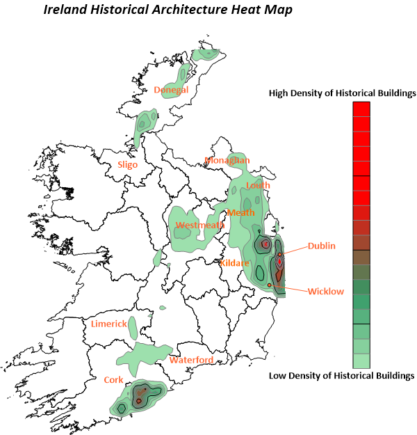 density of historical buildings Density map created in Surfer highlighting which Ireland counties have the highest count of NIAH designated historical buildings