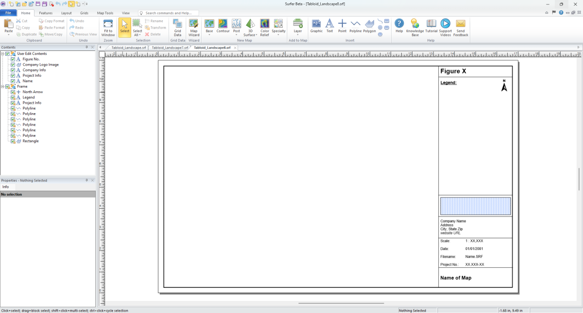 Frame Template Opened in Surfer An empty frame template opened and ready for editing in Surfer