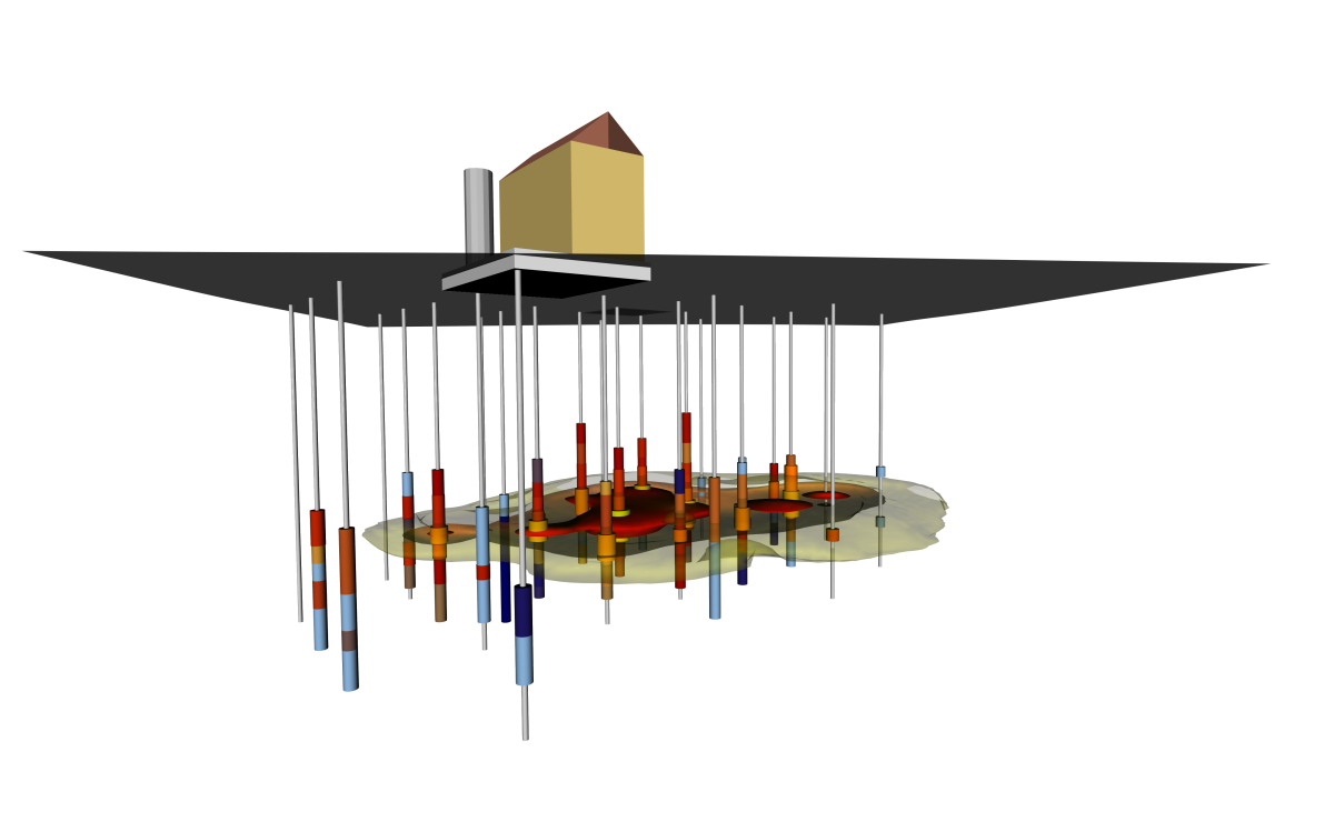 New Image 3 Complete 3D model showing interval data along the wells and the gridding results for key values